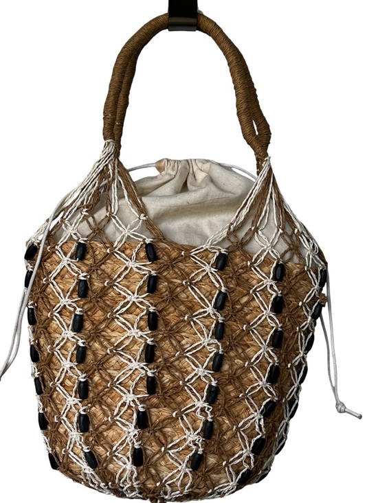 J. Crew Handbags - J. Crew Sedona Beaded Basket Bucket Bag Woven Straw Raffia Canvas Drawstring